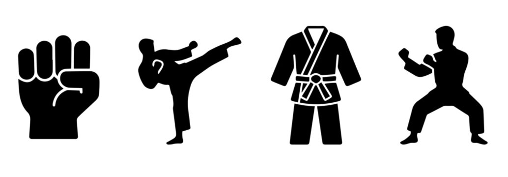 Martial arts karate fighter and kimono black silhouette vector icons set