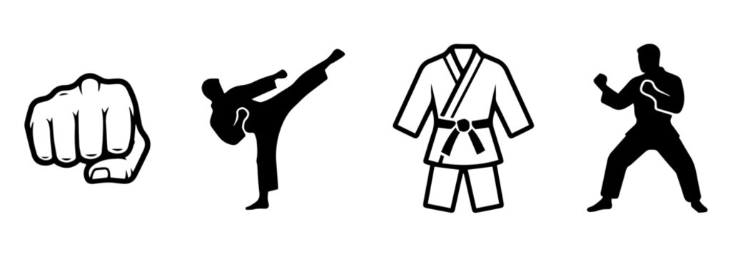 Martial arts vector set featuring fist, kicking, karate uniform and fighter silhouettes