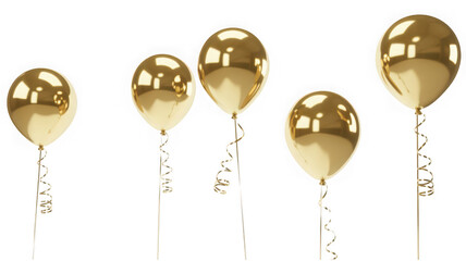 Naklejka premium Shiny gold balloons with ribbons isolated on transparent background. Perfect for luxury celebration design projects or festive event marketing.