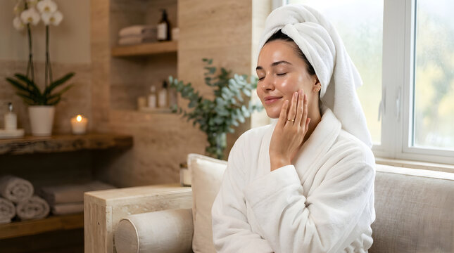 Happy young woman with a towel on her head applying face cream in a cozy bathroom at home during morning