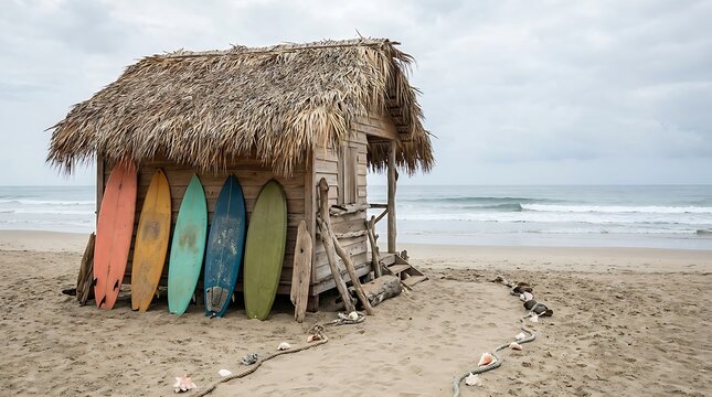 Surf shack with surfboards on the beach