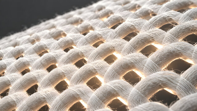 Macro woven fabric texture, white cotton fiber mesh close up, organic textile material with backlight, detailed interlaced thread pattern