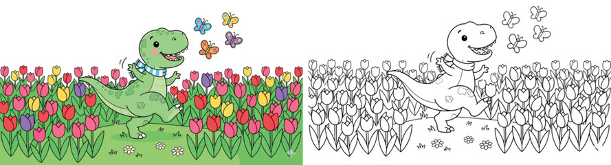 Obraz premium Cute Cartoon Dinosaur in a Vibrant Spring Tulip Field with Butterflies