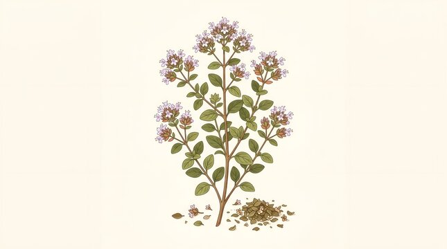 Detailed botanical illustration of a fresh oregano plant with vibrant purple flowers and dried leaves, a versatile culinary herb
