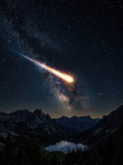Fototapeta premium A brilliant meteor with a glowing tail streaks across the dark, star-filled night sky over a tranquil, rugged landscape, evening, celestial, deep space