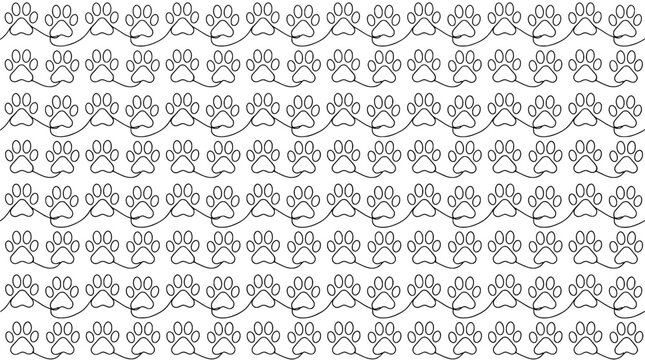 a continuous single line drawing of a seamless repeating background pattern of animal paw prints
