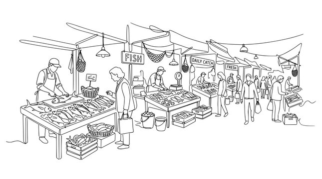 a continuous single line drawing of a busy open air fish market with many stalls