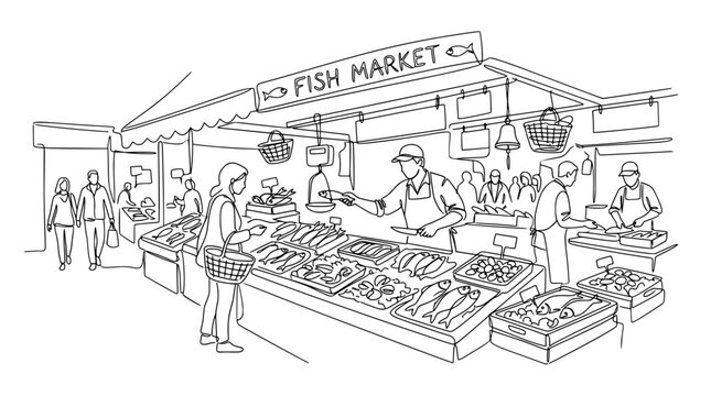 a continuous single line drawing of a bustling fish market stall with vendors and customers