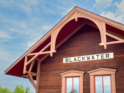 Detail of old railroad depot with a sign in a historic town of Blackwater, Missouri