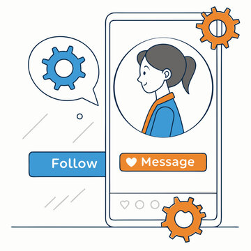 Smartphone profile interface with follow and message buttons and settings gears