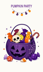 Fototapeta premium Candy in a purple pumpkin pot for a Halloween party
