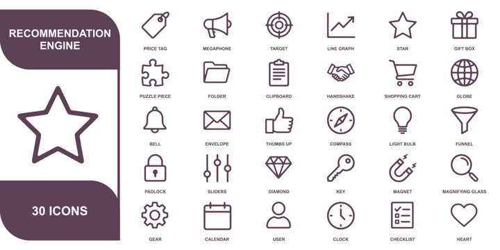 Set of thirty professional user interface icons for recommendation engine and business project website design