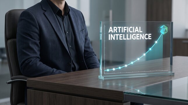 Professional executive monitors exponential artificial intelligence growth chart on desk.