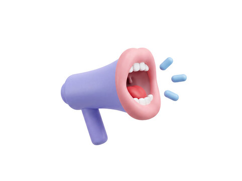 Megaphone with open mouth shouting 3D icon on transparent background.