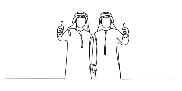 Two arab men showing thumb up continuous line drawing