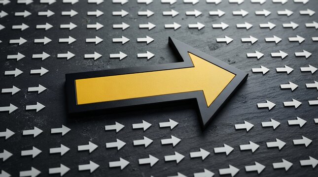 Bold yellow arrow breaking away from a uniform pattern of small white arrows, symbolizing individuality and unique direction. Concept of leadership, innovation, and standing out from the crowd.
