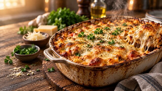 Steaming hot baked ziti with melted cheese and fresh parsley in rustic baking dish on wooden table.