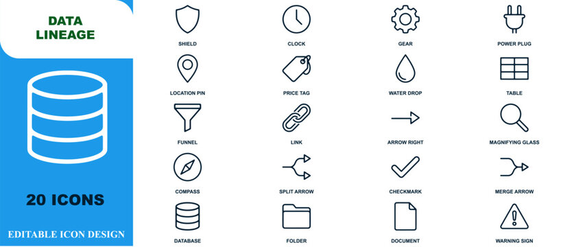 Vector set of essential data lineage icons featuring shield, clock, gear, power plug, and database