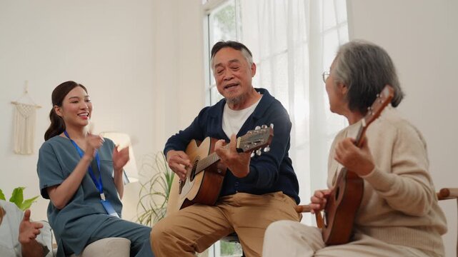 Senior lifestyle elderly retirement music therapy group in bright room with acoustic guitar and ukulele, joyful social activity in bright home setting, happy caregiving scene