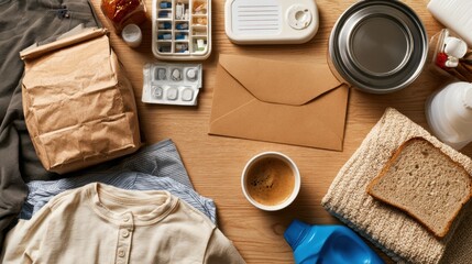Obraz premium Kitchen table shows groceries needing storage, children’s clothes, medicine, and cleaning supplies along with a half-finished coffee.