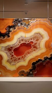 Vertical video: Showing resin panel, gravity drawing amber drop to red pool in gallery with cables