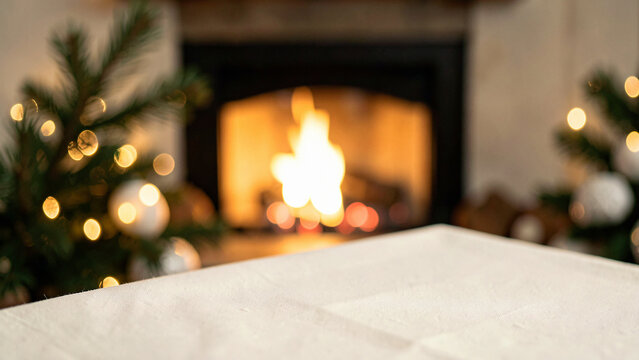Flax empty a cream linen tablecloth as a clean holiday display by hearth bokeh