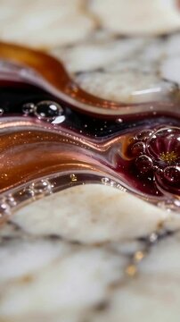 Vertical video: Tension shifts causing clear bubble ring gliding on marble with brown liquid