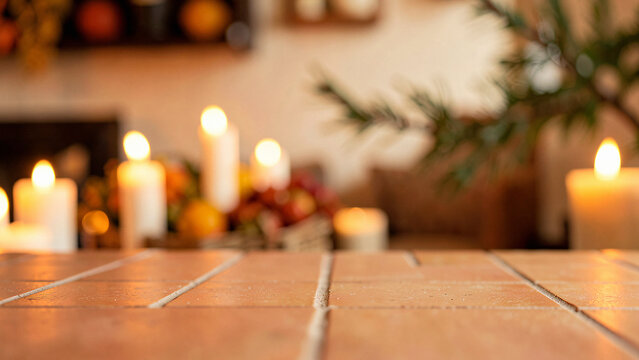 Earthy a warm terracotta tiled surface complete before candlelit hearth