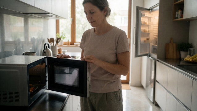 Eine Frau vergleicht im Alltag den Energieverbrauch ihrer Haushaltsger&auml;te. Das Motiv eignet sich f&uuml;r Themen wie Stromkosten, Energiesparen und Haushaltsbudget.