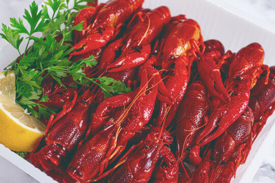Freshly prepared crayfish with lemon and parsley, in a white disposable container, for freezing and transportation,