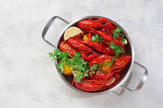 Freshly cooked crawfish served in a pot with corn and lemon on a gray background
