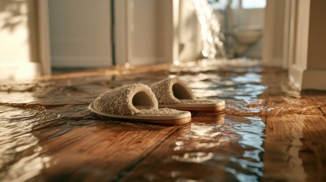 Water covers wooden floor with slippers on it in a hallway during the day