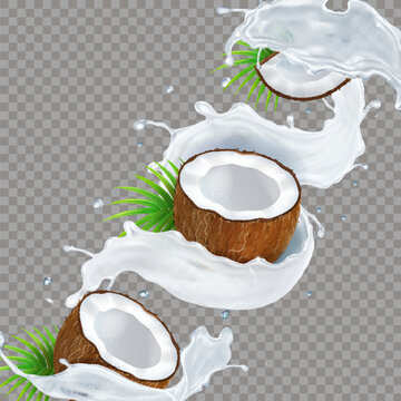 Coconut milk splash. 3d realistic coco oil cream splashes, tropical fruit yogurt drink liquid drop cosmetic concept with palm leaves natural yoghurt, exact vector illustration