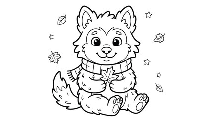 Fototapeta premium Cute puppy wearing a scarf and holding an autumn leaf surrounded by stars.