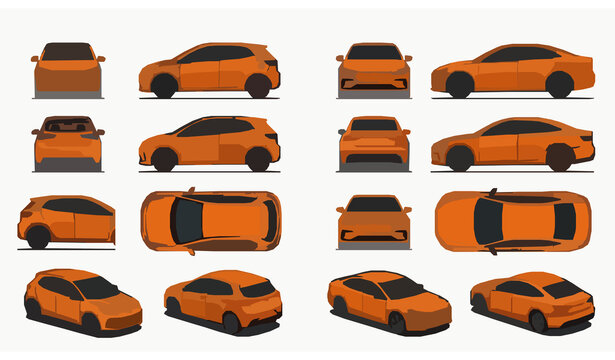 Orange EV Car Technical Front Rear Side Top Isometric Vector Set