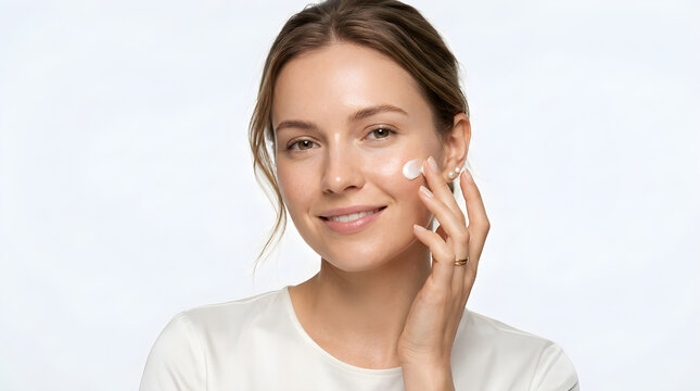 Beautiful young woman applying moisturizing face cream on her cheek for healthy glowing skin care routine