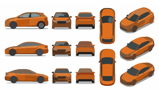 3D Orange Electric Hatchback and Sedan Car Vector Template