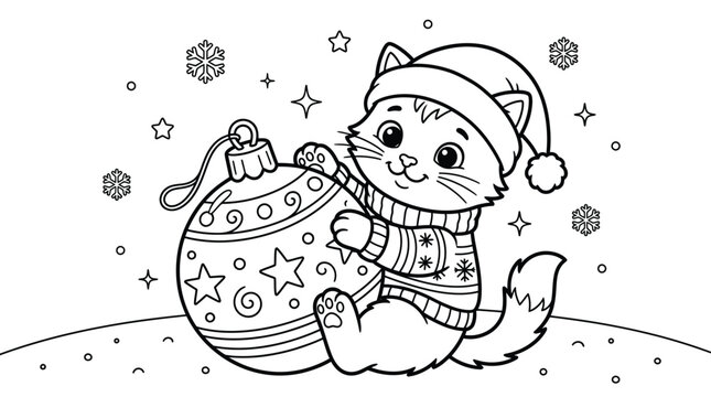 Cat wearing a winter hat and sweater hugging a large Christmas ornament in a black and white outline coloring page illustration.