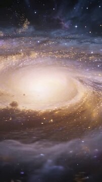 Vertical video: Camera pan starting, rotating spiral galaxy revealing bright bulge in deep space