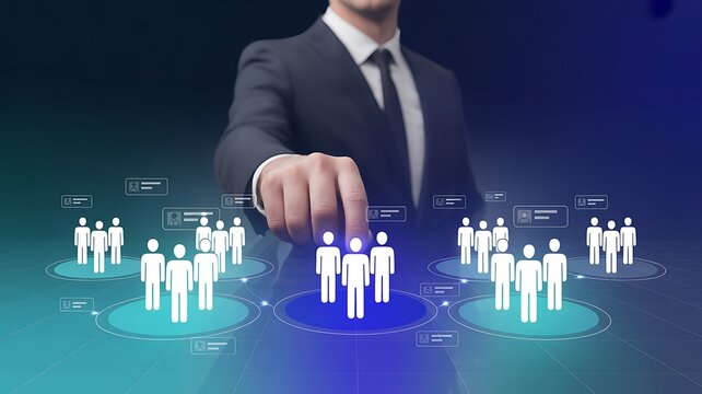 Audience segmentation and customer network targeting concept. Person selecting connected group icon. customer profiling, market segmentation, lead targeting, community reach digital marketing strategy
