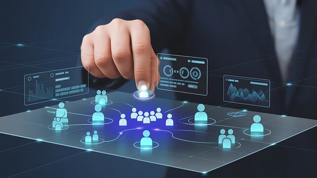 Audience segmentation and customer network targeting concept. Person selecting connected group icon. customer profiling, market segmentation, lead targeting, community reach digital marketing strategy