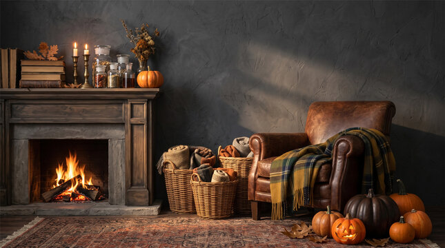 Cozy autumn fireplace interior photo with pumpkins, warm blankets, and burning fire