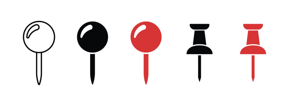 A diverse collection of push pin icons showcasing various styles and colors for organizational and