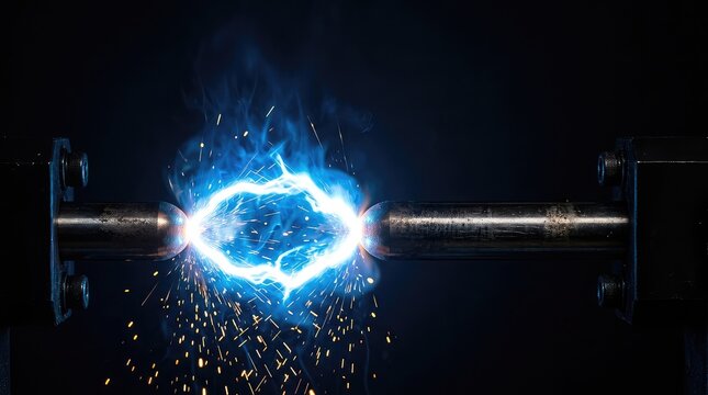 A powerful bright blue electric discharge arc jumps between two metallic electrodes in darkness, with sparks and heat haze visible around the arc, power, arc, conductivity