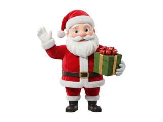 Fototapeta premium A friendly 3D Santa Claus waving and holding a gift, isolated on transparent background. Perfect for creative holiday marketing and seasonal greeting design projects.