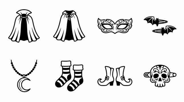 Halloween Costume Accessories Vector Icon Set with Vampire Cape, Masquerade Mask, Bats, and Sugar Skull Illustrations
