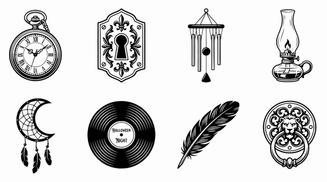 Vintage Gothic Icon Set with Antique Objects, Mystery Elements and Victorian Style Illustrations for Halloween Designs