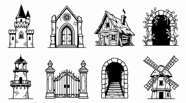 Medieval Fantasy Building and Architecture Line Art Icon Set for Game Design and Storytelling