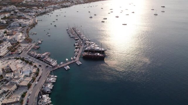 Stunning aerial view of Naxos Town and harbor at sunrise on Paros Island in Greece