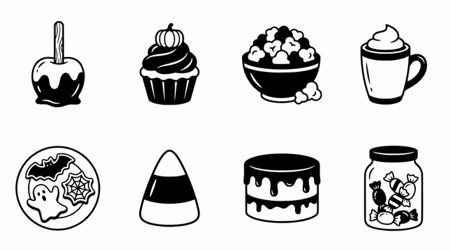 Collection of Halloween Sweets and Dessert Icons Featuring Candy Corn, Cupcakes, and Festive Treats in Black and White Outline Style